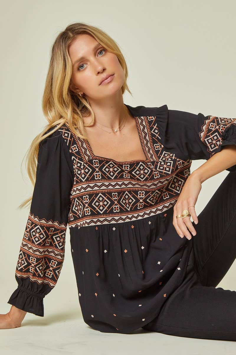 Embroidery Square Neck Top